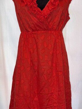 London Times Red Coral Ruffle V-Neck Dress Size 12 Textured Fit & Flare